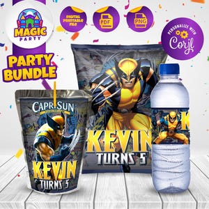 May include: A party bundle featuring a Wolverine character theme. The bundle includes a juice box, a bag of crisps, and a water bottle. Each item has a personalised label with the name "Kevin" and the text "Turns 5".