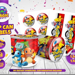 Puede incluir: Etiquetas imprimibles para latas de patatas fritas con personajes de Pokemon. Las etiquetas están diseñadas para latas de patatas fritas de 1,3 oz o 1,4 oz. Las etiquetas incluyen una variedad de diseños, incluyendo una etiqueta de agradecimiento, una etiqueta de cumpleaños y una etiqueta con un personaje de Pokemon.