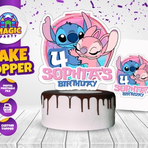 Topper per torta Stitch & Angel - Compleanno - Decorazione - 8,5x11 stampabile - Personalizzato - Non download immediato - FILE DIGITALE