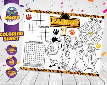 May include: A black and white coloring sheet featuring a lion, a zebra, and a monkey. The sheet includes a word search, tic-tac-toe game, and a maze. The text "Xander 1" is at the top of the sheet.
