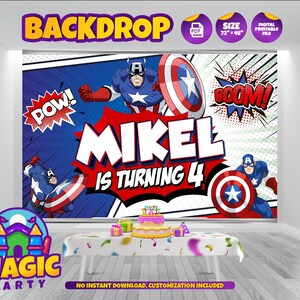 May include: A digital printable backdrop for a birthday party featuring a superhero theme. The backdrop is red, blue, and white with a comic book style design. It features a superhero character in a blue and red costume with a red, white, and blue shield. The text "POW!" and "BOOM!" are in red and white speech bubbles. The text "Mikel is turning 4" is in red and white letters. The backdrop is 72 inches by 48 inches.