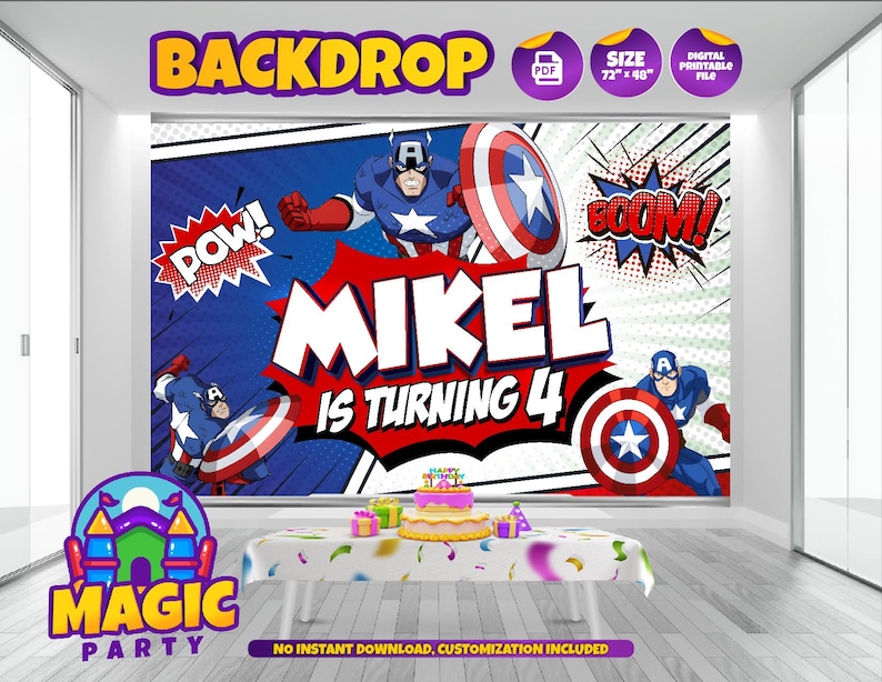 May include: A digital printable backdrop for a birthday party featuring a superhero theme. The backdrop is red, blue, and white with a comic book style design. It features a superhero character in a blue and red costume with a red, white, and blue shield. The text "POW!" and "BOOM!" are in red and white speech bubbles. The text "Mikel is turning 4" is in red and white letters. The backdrop is 72 inches by 48 inches.