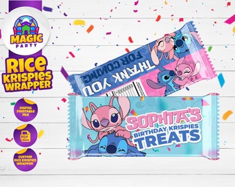 Envoltorio de Rice Krispies de Stitch y Angel - Envoltorios de dulces de cumpleaños - Etiquetas de Rice Krispies para niños - Plantilla imprimible - ARCHIVO DIGITAL