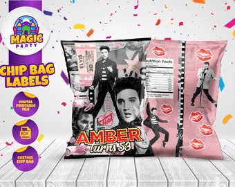 May include: Custom chip bag labels with Elvis Presley designs. The labels feature black and white images of Elvis, pink details, and the text "AMBER Turns 53." These are digital printable files.