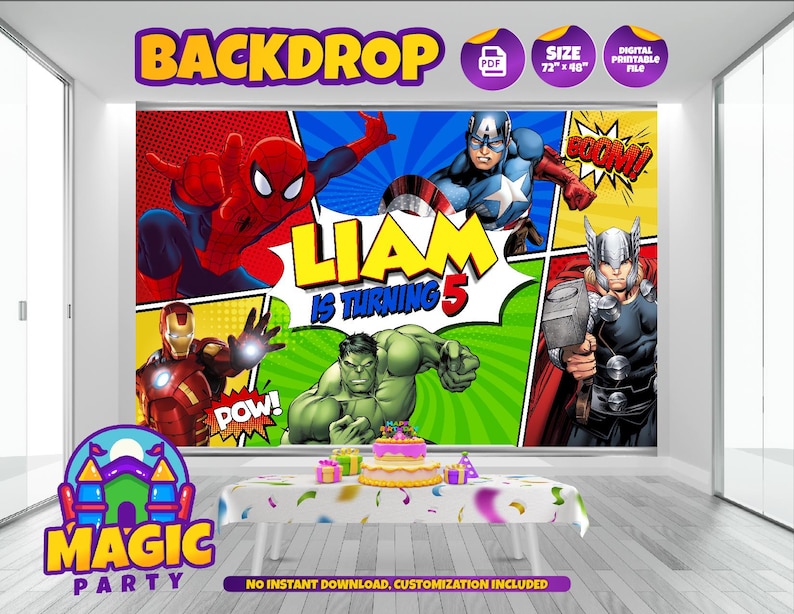 Avengers BackDrop 72''x48'' (3 Design options) - Hulk- Iron Man - Captain America - Birthday - Print-it-Yourself - DIGITAL FILE image 1