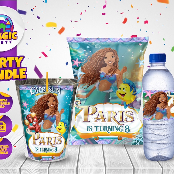 Ariel Birthday Party Bundle - Little Mermaid Party Treats - Chip Bag - CapriSun - Water Bottle Labels - Personalized - DIGITAL FILE