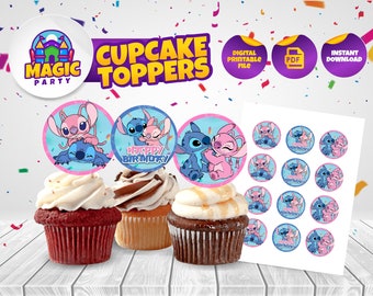 Adornos para cupcakes de Stitch y ángel - 2 pulgadas - *Descarga instantánea* - Palillos para cupcakes de cumpleaños - Adornos - ARCHIVO DIGITAL