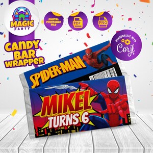 Spiderman Candy Bar Wrapper - size 5.2x5.8" printable label - Kids Birthday - Template - Printable - DIGITAL FILE