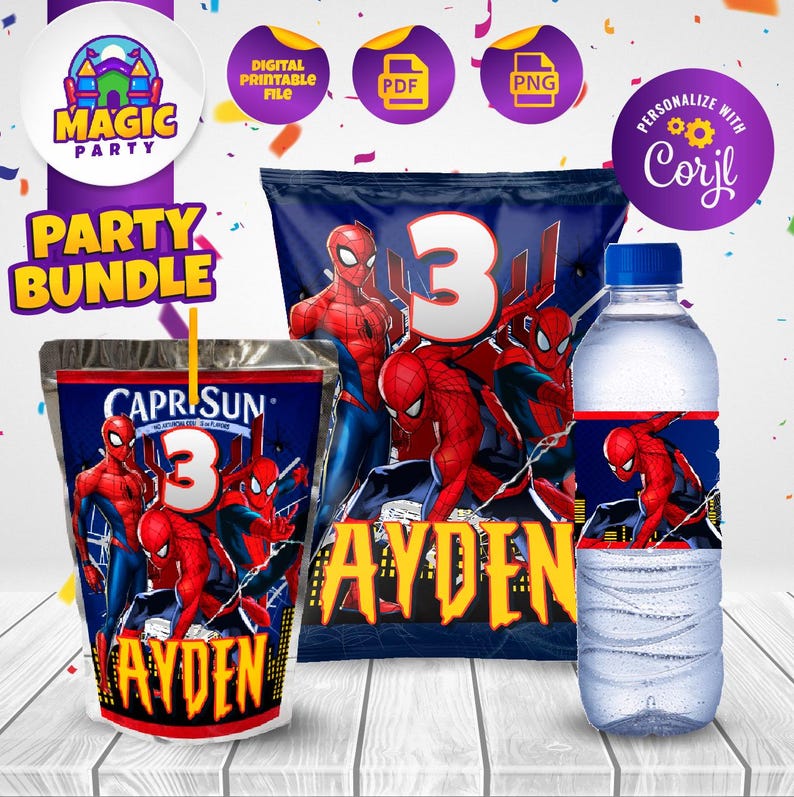 Spiderman Party Bundle - Party Leckereien - Chipsbeutel - CapriSun - Wasserflaschenetiketten - Personalisiert - DIGITALE DATEI Bild 1
