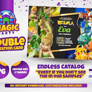 Dubbele verjaardagsuitnodigingskaart (alle thema's) Dual Party - verjaardag broer of zus - Dual - Twins Celebration - niet direct downloaden - DIGITAAL BESTAND