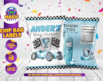 Blue Race Car Baby Shower - Chip bag Treats labels - Baby Chip Bag - Customized - DIGITAL FILE