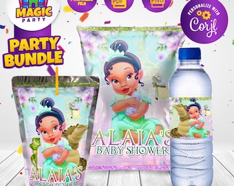 Puede incluir: Un paquete de fiesta que incluye una bolsa de jugo, una bolsa de papas fritas y una botella de agua, decorados con una ilustración de una bebé con vestido verde, una rana y un caimán, con el texto Alaia's Baby Shower impreso en cada artículo.