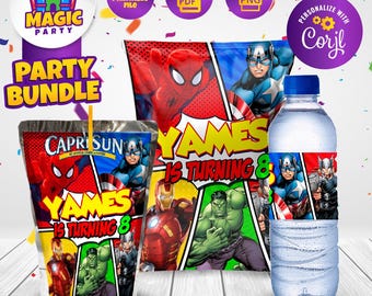 Paquete de fiesta de los Vengadores - Delicias de fiesta de cómics - Vengadores - Bolsa de papas fritas - Etiquetas Capri Sun - Etiquetas de agua - Sin descarga instantánea - ARCHIVO DIGITAL