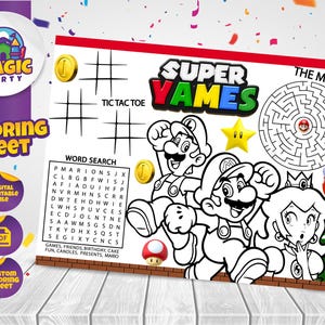 Könnte beinhalten: Ein Schwarzweiß-Malblatt mit den Figuren Mario, Luigi und Prinzessin Peach aus der Super Mario Videospielserie. Das Blatt enthält ein Wortsuchspiel, ein Tic-Tac-Toe-Spiel und ein Labyrinth. Der Text "Super Vames" befindet sich oben auf dem Blatt.