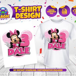 Puede incluir: Un dise&ntilde;o de camiseta blanca con un personaje de Minnie Mouse rosa y blanco, un n&uacute;mero 3 rosa y el nombre "DALE" en letras rosas. El dise&ntilde;o est&aacute; en una camiseta blanca con un fondo de purpurina rosa.