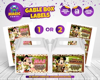 Minnie or Mickey Safari Gable Box label Printable - Party Treats - Party Favor - Personalized - Kids Birthday - DIGITAL FILE