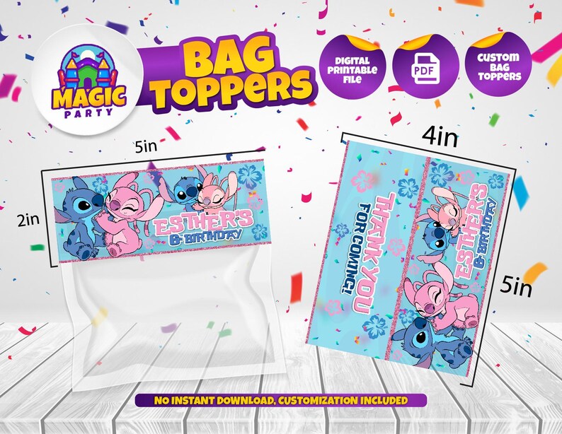 Puede incluir: Adornos para bolsas con un dise&ntilde;o azul y rosa con personajes de dibujos animados. Uno mide 12,7 cm de ancho y 5,1 cm de alto, el otro 10,2 cm de ancho y 12,7 cm de alto. El texto incluye "Esther's Birthday" y "Thank You for Coming!"