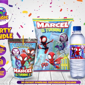 Spidey Birthday Party Bundle (2 Designoptionen) - Helden Party - Chipsbeutel - Capri Sonne - Wasserflaschenetiketten - Personalisiert - DIGITALE DATEI