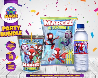 Spidey Birthday Party Bundle (2 design options) - Heroes Party - Chip Bag - Capri Sun  - Water Bottle Labels - Personalized - DIGITAL FILE