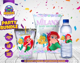 Ariel Baby Shower - Party Bundle - Treats labels - Chip Bag - Capri Sun - Water Bottle - Customized - DIGITAL FILE