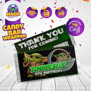 Opakowanie na batonik urodzinowy Baby Yoda - etykiety do druku 5,2 x 5,8 cala - Opakowanie na batonik - Urodziny dla dzieci - Szablon - Do druku - PLIK CYFROWY