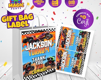 Monster Truck Label for Party Favor Bags - 5x7 size - Birthday Souvenir - Candy Bags - Gift Bags - Goodie Bags - DIGITAL FILE