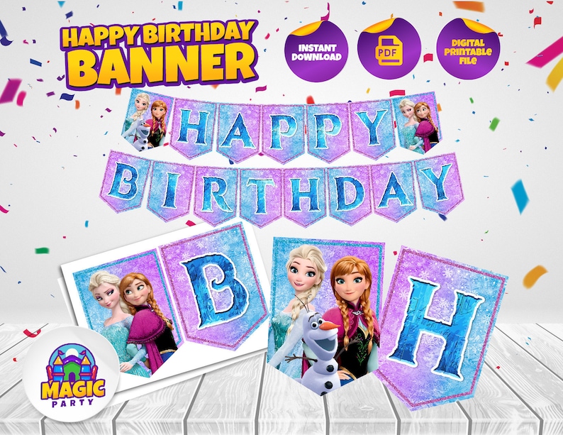 May include: Frozen themed birthday banner with purple and blue glitter background. The banner says "Happy Birthday" with the letters "B" and "H" in separate images. The images feature Elsa and Anna from the movie Frozen.