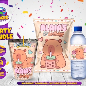 May include: Party bundle featuring a cartoon capybara with a boba drink on a Capri Sun pouch, a snack bag, and a water bottle. The text "ALAIA'S 5th birthday" is displayed on the pouch and snack bag. The bundle includes digital printable files.