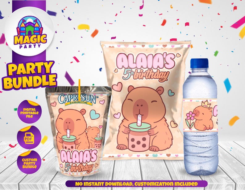 May include: Party bundle featuring a cartoon capybara with a boba drink on a Capri Sun pouch, a snack bag, and a water bottle. The text "ALAIA'S 5th birthday" is displayed on the pouch and snack bag. The bundle includes digital printable files.