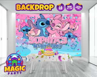 Stitch & Angel BackDrop 72''x 48'' (2 ontwerpopties) - aanpasbaar - verjaardagsachtergrond - banner - zelf afdrukken - digitaal bestand
