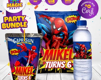 Spiderman Party Bundle - Party Treats - Chip Bag - CapriSun - Water Bottle Labels - Personalized - DIGITAL FILE