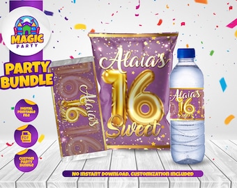 Sweet 16 Birthday Party Bundle - Chip Bag - Chocolate - Water Bottle labels - Personalized - DIGITAL FILE