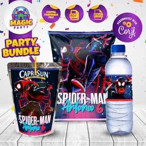 Miles Morales Birthday Party Bundle - (2 design options) Party Treats - Chip Bag - Capri Sun - Water Bottle - Personalized - DIGITAL FILE