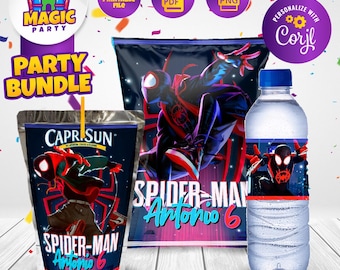 Miles Morales Birthday Party Bundle - (2 design options) Party Treats - Chip Bag - Capri Sun - Water Bottle - Personalized - DIGITAL FILE