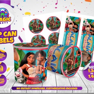 May include: Customizable chip can labels featuring Moana characters, including Moana, Maui, Pua, and Heihei. The labels display the text 'ALAIA TURNS 6' and are designed for 1.3oz or 1.4oz cans. The set includes circular and rectangular printable designs.
