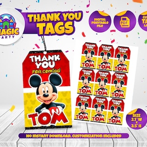 Mickey Mouse Thank you Tags - 2.1x3.5in - Gift Tag - Favor Tags - Personalized - Printable - Kids Birthday - DIGITAL FILE