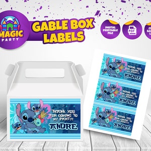 Stitch Gable Box-label - Afdrukbaar - Feestsnoepjes - Bewerkbare sjabloon - Feestgunst - Gepersonaliseerd - Kinderverjaardag - DIGITAAL BESTAND