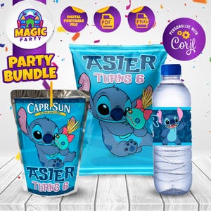 May include: A party bundle featuring a Capri Sun drink, a snack bag, and a water bottle, all decorated with a cartoon character. The Capri Sun drink and snack bag have the text "ASIER TURNS 6". The bundle includes digital printable files.