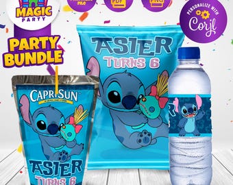 Stitch Geburtstagsparty Bündel - Stitch Party Leckereien - Chipsbeutel - CapriSun - Wasserflaschenetiketten - Personalisiert - Nur DIGITAL