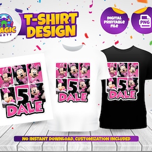 Puede incluir: Una camiseta blanca y una negra con un dise&ntilde;o rosa y blanco con un personaje de dibujos animados. El dise&ntilde;o incluye un collage de im&aacute;genes del personaje, el n&uacute;mero 5 y el nombre "DALE".