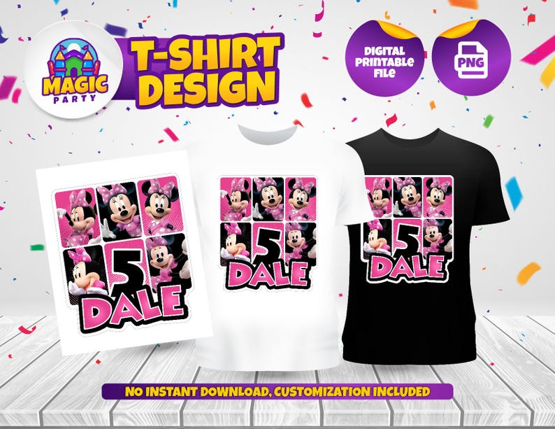 Puede incluir: Una camiseta blanca y una negra con un dise&ntilde;o rosa y blanco con un personaje de dibujos animados. El dise&ntilde;o incluye un collage de im&aacute;genes del personaje, el n&uacute;mero 5 y el nombre "DALE".