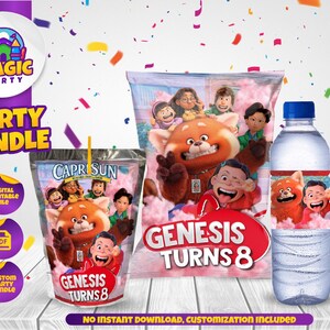 Turning Red Geburtstagsparty Bündel - Party Leckereien - Chipsbeutel - Capri Sonne Etiketten - Wasserflaschenetiketten - Personalisiert - DIGITALE DATEI