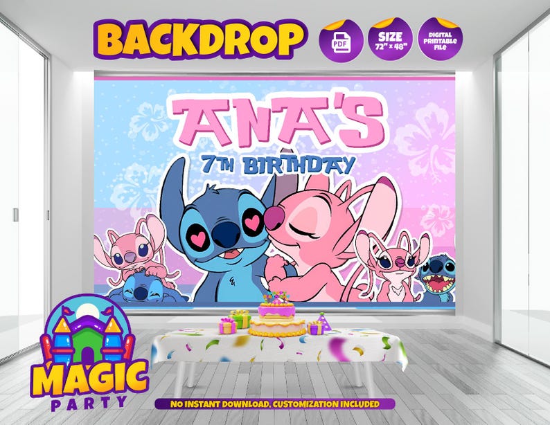 Fondo de Stitch y Ángel 72'' x 48'' (2 opciones de diseño) - Personalizable - Fondo de Cumpleaños - Banner - Imprime tú mismo - ARCHIVO DIGITAL imagen 2
