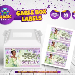 Tiana Gable Box-label - Afdrukbaar - Feestsnoepjes - Bewerkbare sjabloon - Feestgunst - Gepersonaliseerd - Kinderverjaardag - DIGITAAL BESTAND