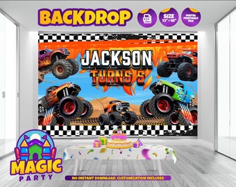 May include: A digital printable backdrop for a birthday party featuring a chequered background with orange flames and monster trucks. The text "JACKSON TURNS 5" is in the centre of the backdrop. The backdrop is 72 inches by 48 inches.