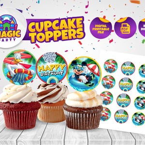 Peut inclure: Des cupcakes avec glaçage blanc et des décorations sur le thème des personnages de dessins animés. Les décorations comportent des images de Donald Duck, Mickey Mouse et les mots "Happy Birthday". L'image comprend également une feuille de décorations assorties et les mots "Cupcake Toppers".