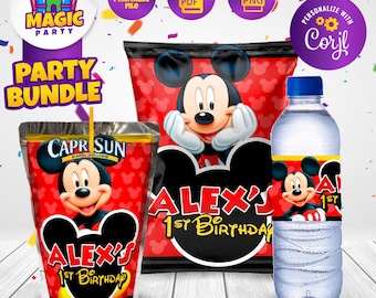 Paquete de fiesta de Mickey - Dulces para fiestas - Bolsa de papas fritas - CapriSun - Etiquetas para botellas de agua - Personalizado - ARCHIVO DIGITAL