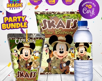 Paquete de fiesta de cumpleaños de Mickey Safari - Dulces para fiesta - Bolsa de papas fritas - Capri Sun - Etiquetas para botellas de agua - Personalizado - ARCHIVO DIGITAL