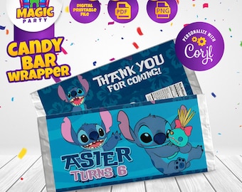 Stitch Candy Bar Wrapper - 5.2x5.8"  - Printable labels - Chocolate bar wrapper - Kids Birthday - Template - DIGITAL FILE
