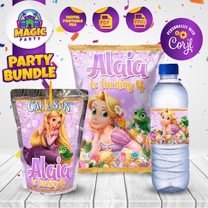 Ensemble de fête d'anniversaire Raiponce - gâteries de fête emmêlées - sac pour chips - étiquettes Capri Sun - étiquettes de bouteille d'eau - personnalisée - fichier numérique